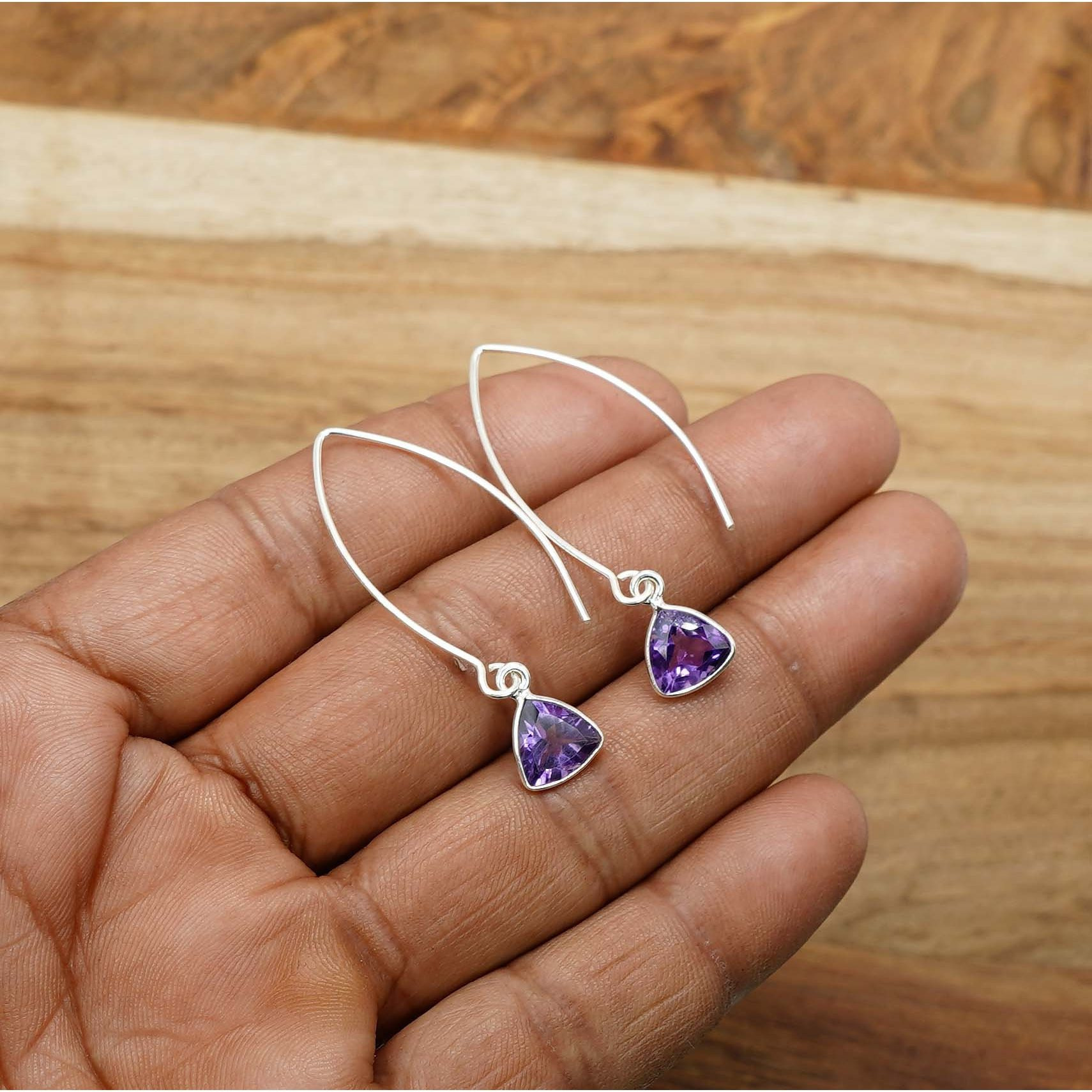 Women's 925 Sterling Silver Minimalist Triangle Amethyst Hoop Earrings